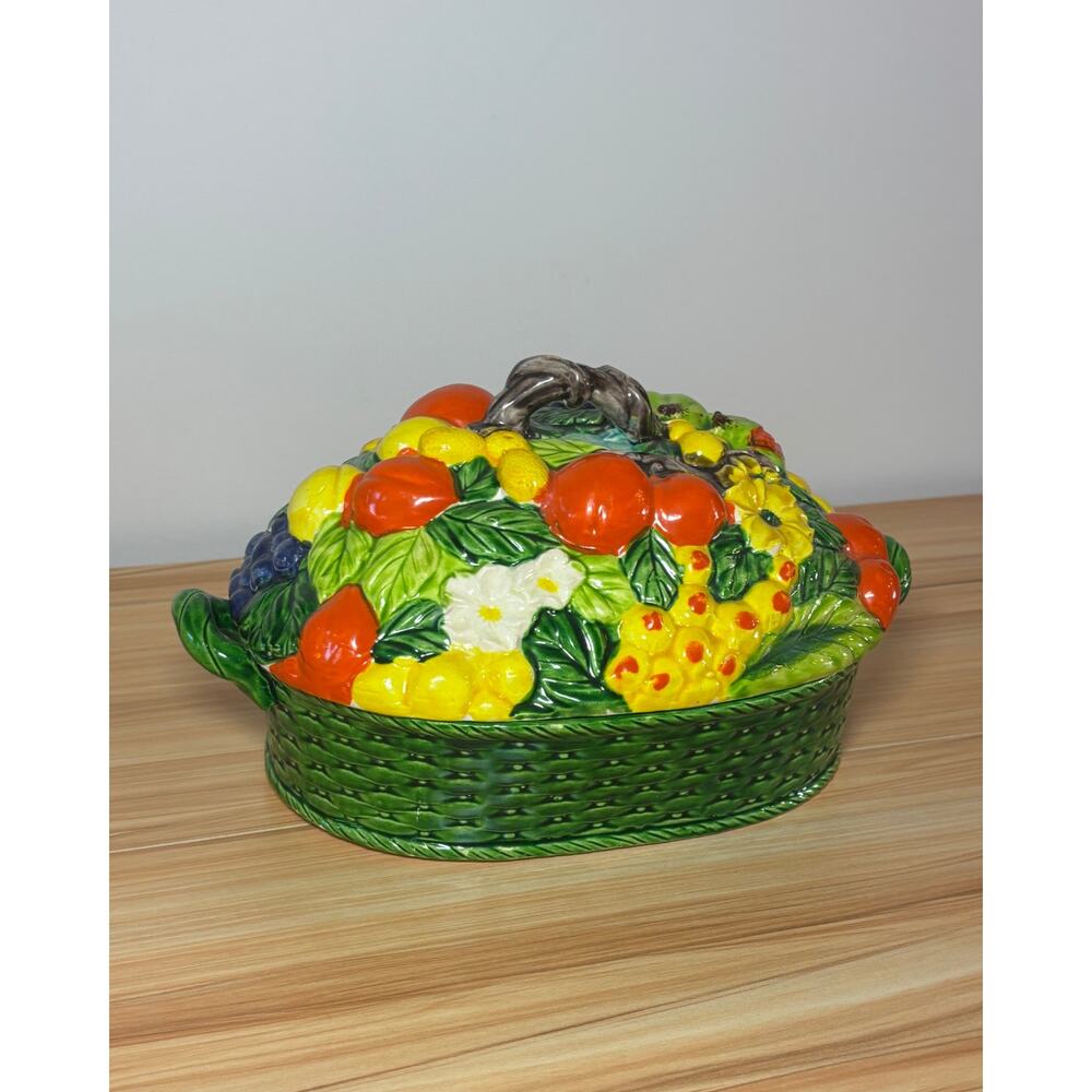 Vintage Fruit Covered Dish Majolica Basket